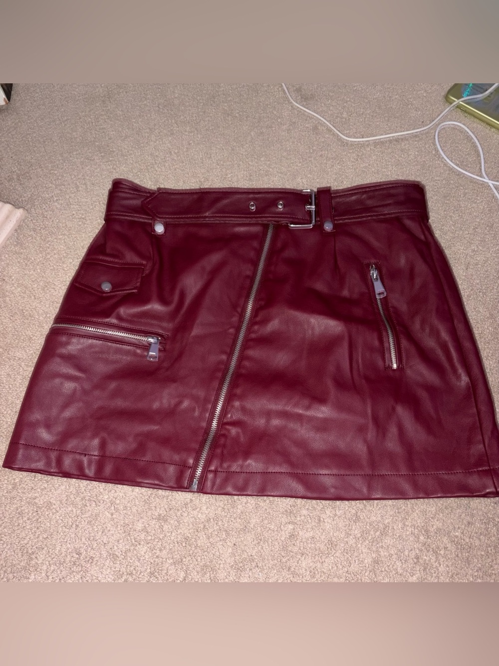 Avec Les Filles Burgundy Faux Leather Asymmetric Zipper, Snap, and Belt Skirt